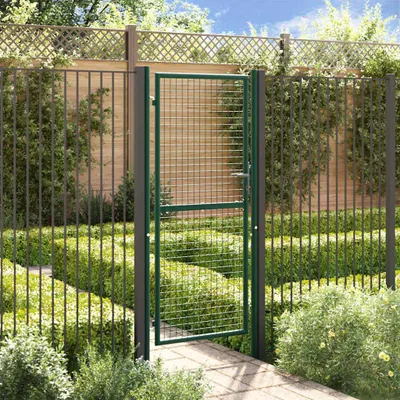 A green metal garden gate is shown open in a garden setting, with fences and manicured bushes visible.