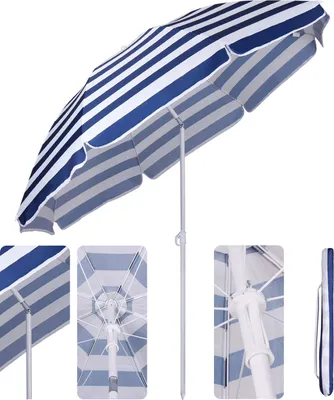 Produktbild von Sekey Sonnenschirm Rund Ø 160 cm Terrassen Gartenschirm Strandschirm mit kurbel & Schutzhülle Neigungswinkel und Höhe verstellbar, Blau-weiß gestreift