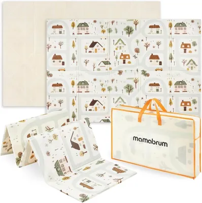 Productafbeelding van Schuimmat - Dubbelzijdig - Opvouwbaar - 180 x 120 x 1 cm - Kruipmat - Babyspeelmat - Schattig stads - Zandbeige