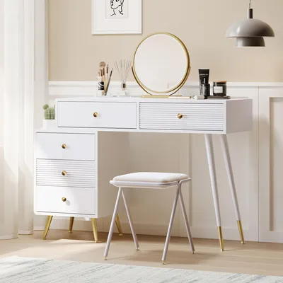 Image de Merax Coiffeuse éclairage LED, luminosité réglable, coiffeuse avec commode, 5 tiroirs, coiffeuse, blanc