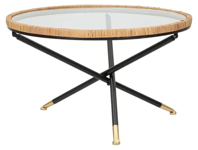 Produktbild von Runder Couchtisch Saint Barth Ø 80 cm aus Metall, Glas und Rattan – Goldfarbenes Finish und Boho-Chic-Stil für die Inneneinrichtung