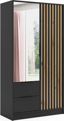 Produktbild von ALTDECOR Kleiderschrank NERA mit Spiegel und selbstschließenden Flügeltüren mit Lamel - 100 cm Schwarz / Artisan