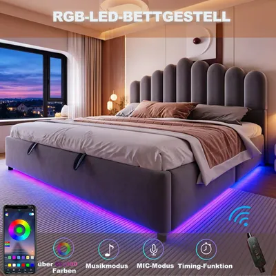 Produktbild von okwish Polsterbett 180×200 mit Matratze und LED-Lichtleiste, Jugendbett mit hydraulischem Stauraum,Samtstoff,Doppelbett in Grau