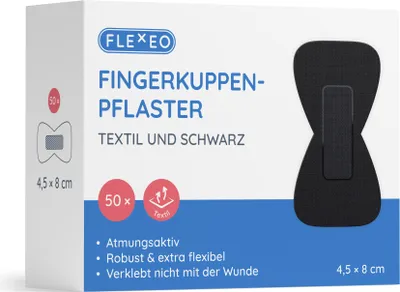 Produktbild von FLEXEO Fingerkuppenpflaster textil schwarz 4,5 x 8 cm, 50 Pflaster