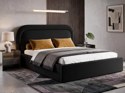 Produktbild von Polsterbett 160x200 cm mit Bettkasten BONIA, Stauraum und Metall-Lattenrost – Bouclé Stoff Schwarz