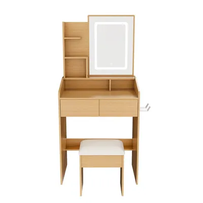 Produktbild von Konsolentisch mit LED-beleuchtetem Spiegel Gepolstertem Hocker Schminktisch Kosmetiktisch B60/H130/T36 cm