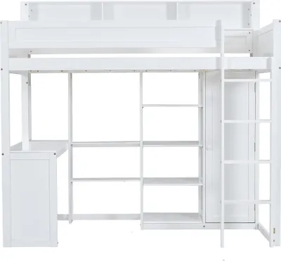 Produktbild von Etagenbett 90x200cm Kinderbett£šohne Matratze£©Stauraumbett mit Tisch und Kleiderschrank mit Fallschutzgitter mit Regalen und vierstufiger Leiter Weiss