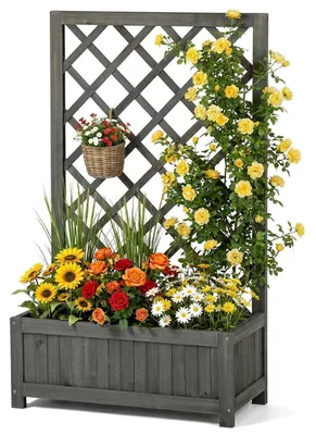 Produktbild von Hochbeet mit Rankgitter Holz Grau 60x24x100cm
