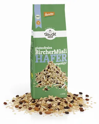 Produktbild von Bauck Mühle Hafer Müsli Bircher Demeter glutenfrei 425 g, 425 g, Hafer, Apfel, Traube, 375 kJ, 1578 kcal, 7,9 g