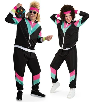 A man and a woman posing in 80s-style tracksuits.