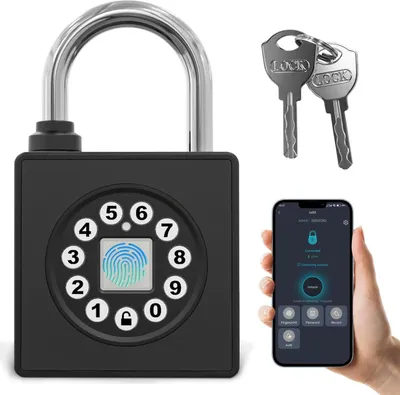 Produktbild von Wasserdichtes Fingerabdruck-Vorhängeschloss mit Zahlencode und Schlüssel, robustes Sicherheitsschloss mit App-Steuerung
