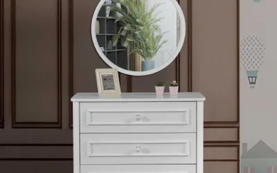 Produktbild von Kinderzimmer Möbel Designer Rundspiegel Weiße Holz Luxus Kommode 2tlg