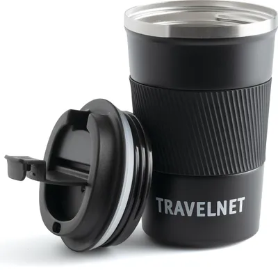 Obrázek produktu pro Termohrnek Travelnet - Hrnek na kávu na cesty - Cestovní hrnek na kávu a čaj - 380 ml - Nerezová ocel - Černý