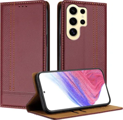 Image de Etui pour Samsung Galaxy S24 Ultra étui en cuir avec fonction stand rouge foncé