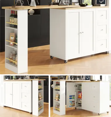 A white kitchen island with a wooden countertop, shown from different angles and with doors open to reveal storage.