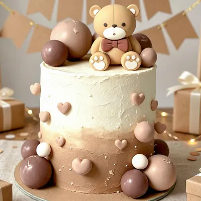 Teddybär Tortenaufsatz mit 15 Ballon-Toppern, braun