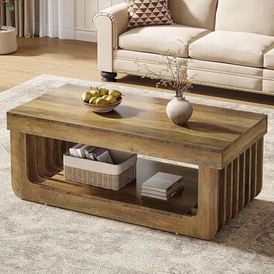 Imagen del producto de Mesa de centro con almacenamiento, rectangular de 120 cm, mesa de centro de madera estilo rústico de dos niveles, ideal para sala de estar, oficina, color marrón rústico