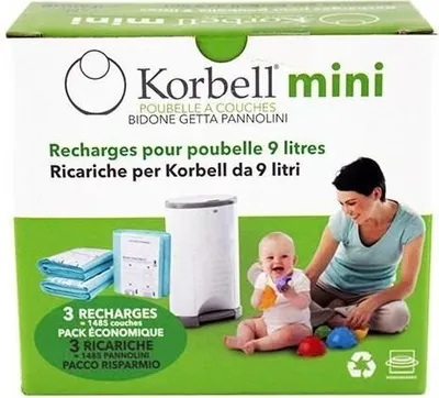 Immagine prodotto di Korbell - Confezioni di ricarica per bidoni per pannolini - MINI - 9 L - x3 - Biodegradabili - Controllo degli odori - Capacità 130 pannolini