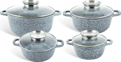 Produktbild von Graues Topfset 8tlg Topf Kompotttopf Suppentopf Kochtopf Keramik Marmor Induktionstöpfe GLASDECKEL (1.3L / 2.3L / 4.5L / 6.8L)
