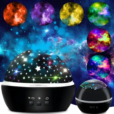 A star projector night light is shown in front of a galaxy background, with smaller images of colorful nebulae displayed around it.