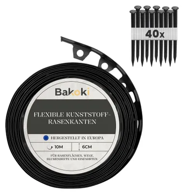 Immagine prodotto di Bordatura flessibile per prato BAKOKI (10 metri | 40 picchetti di fissaggio | 6 cm di altezza) in plastica nera