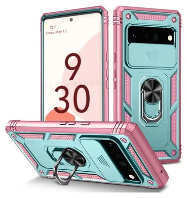 Produktbild von Google Pixel 6 Pro Hülle, Schiebe Kamera Schutz Robust Stoßfest Schutzhülle mit Ringhalterung Ständer Kartenhalter für Google Pixel 6 Pro Türkis