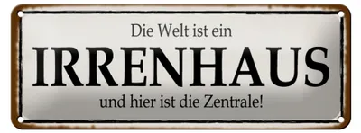 Produktbild von Blechschild Welt ist Irrenhaus hier ist Zentrale, 27x10 cm, Blechschilder Spruch Verrückt Irre