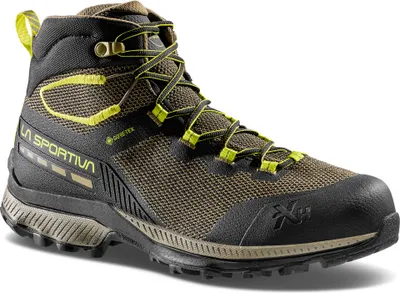 Wanderschuh "TX Hike Mid Gtx" von La Sportiva in Grau und Schwarz mit gelben Akzenten; geeignet für Herren.