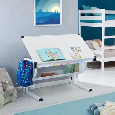 Produktbild von Kinderschreibtisch SARI höhenverstellbar in weiß/weiß, Schreibtisch für Kinder neigbar mit Rille für Stifte, Schülerschreibtisch mit Ablage und Rucksackhalterung
