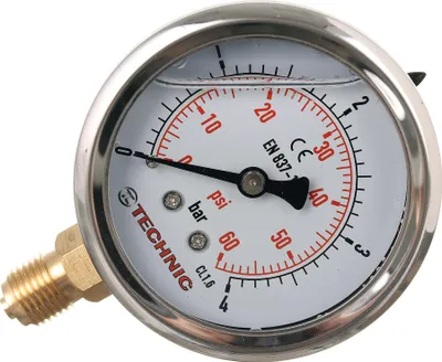 Immagine prodotto di Manometro, manometro con diametro 63 mm, 0-4 bar con attacco inferiore da 1/4" (con smorzamento della glicerina)