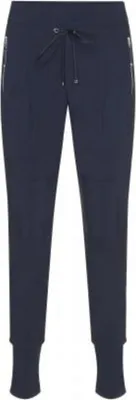 A pair of navy blue women's trousers shown flat against a white background.