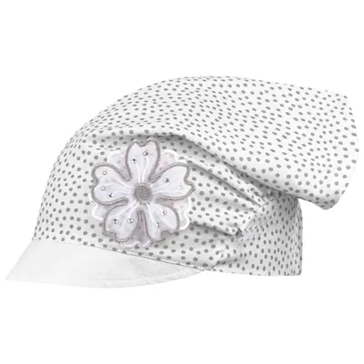 Produktbild von Kopftuch Mütze Schirmmütze Mädchen Sommer Baumwolle Punkte Blume, Creme-Grau, Gr. 48/50