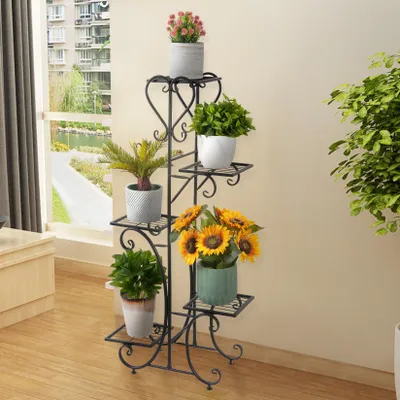 Immagine prodotto di Scaffale portapiante in metallo a 5 livelli – porta piante e portafiori per balcone, giardino, terrazza e soggiorno, 57 × 25 × 116 cm