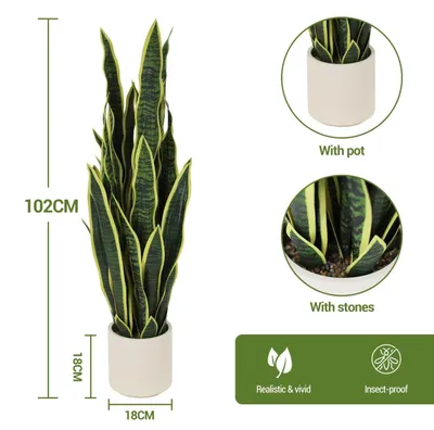 Zdjęcie produktu dla Sztuczna sansewieria w doniczce – roślina doniczkowa 102 cm – realistyczna dekoracja z tworzywa sztucznego – łatwa w pielęgnacji, nie wymaga podlewania – do salonu i biura – zielona