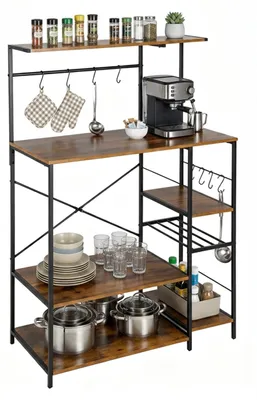 Produktbild von Relaxdays Küchenregal, 7 Ablagen, 8 Haken, HxBxT: 123 x 80 x 40 cm, MDF, Eisen, Industrial, Bäckerregal, braun/schwarz, KI-generiertes Bild