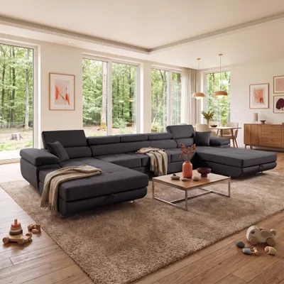 Produktbild von MUFFO Ecksofa U-Form ALONZO MAXI U mit Schlaffunktion 125x318 Velours Schwarz, KI-generiertes Bild