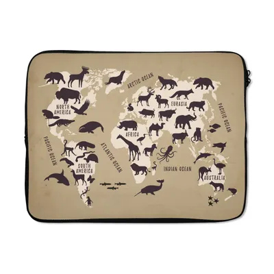 Produktbild von MuchoWow® Laptop Hülle 15 Zoll Weltkarte - Tiere - Braun Laptoptasche - Laptoptasche - Sleeve - Rundum-Schutz