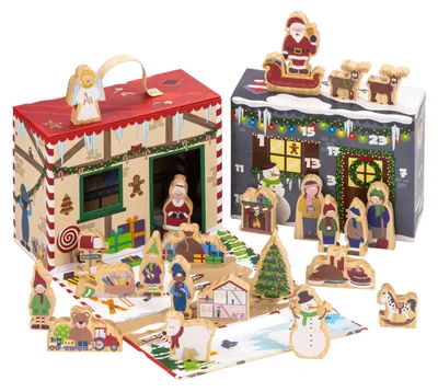 Produktbild von yoamo Wichtelwerkstatt Adventskalender mit Spielkoffer für Kinder mit Holzfiguren in hochwertigem Aufbewahrungs-Koffer, 27-teilig (1 Set)
