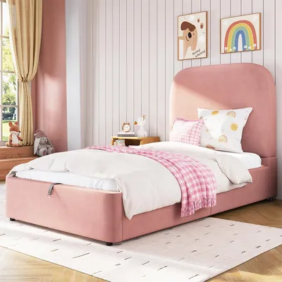 Produktbild von Polsterbett mit Stauraum Hydraulisches Funktionsbett Einzelbett Kinderbett Samt Gepolstertes Kopfteil 90 x 200cm Rosa