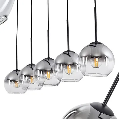 Immagine prodotto di Lampada a sospensione Koyoto, lampada a 5 luci in metallo/vetro, finitura nera/cromata/fumé/trasparente, lampada a sospensione moderna in stile retrò/vintage. Paralumi da 15 cm, attacco E27, ideale per sala da pranzo, cucina o soggiorno