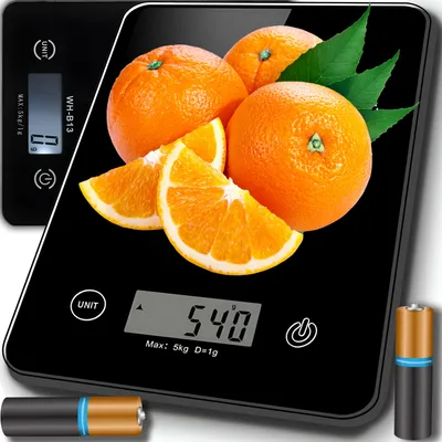 A digital kitchen scale displaying a weight measurement, with oranges and orange slices placed on its surface.