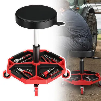 Zdjęcie produktu dla Taboret warsztatowy na kółkach, regulowany na wysokość (42–55 cm), udźwig 150 kg, z półką na narzędzia, siedzisko wyściełane