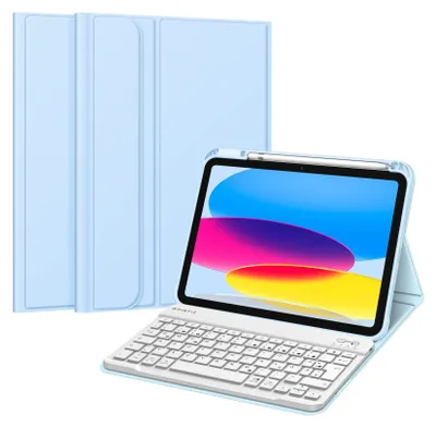 Produktbild von Fintie Tastatur Hülle für iPad 11.Generation 11" 2025, iPad 10. Generation 2022 10.9", Schutzhülle mit TPU Rückschale, Pencil Halter und magnetisch Abnehmbarer Tastatur mit QWERTZ Layout, Himmelblau