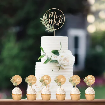 Hochzeits-Cake-Topper Mr&Mrs + 12 Cupcake-Topper aus Holz
