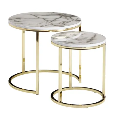 Produktbild von FineBuy Design Beistelltisch 2er Set Marmor Optik Weiß Rund Couchtisch 2-teilig Tischgestell Metall Kleine Wohnzimmertische Moderne Satztische