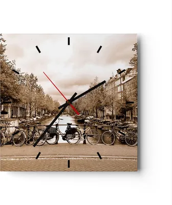 Produktbild von Wanduhr - Quadrat - Glasuhr - Kanal Fahrräder Amsterdam Zentrum - 40x40cm - Schleichendes Uhrwerk - Lautlos - zum Aufhängen bereit - Dekoration Modern - Wanddekoration aus Glas - C3AC40x40-2971