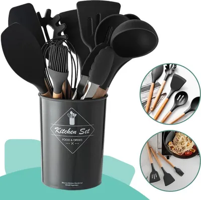 Produktbild von Kochgeschirr-Set mit Halter Schwarz - Küchengeschirr-Set - Holz und Silikon - 12-tlg
