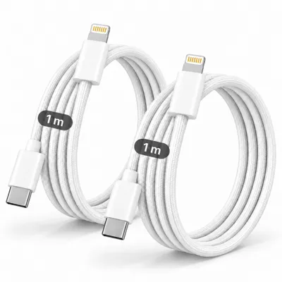 Produktbild von 2x iPhone Lightning Ladekabel 1m – Gesleevtes USB-C auf Lightning Ladekabel 20W – Schnellladekabel für iPhone 5 bis 14 Pro Max, iPad, iPod & AirPods