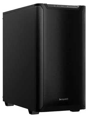 A black computer tower case is shown from a three-quarter angle against a black background.