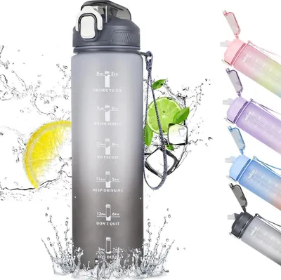 Image de Gourde 1L avec paille et marqueur de temps, sans BPA, dégradé de gris